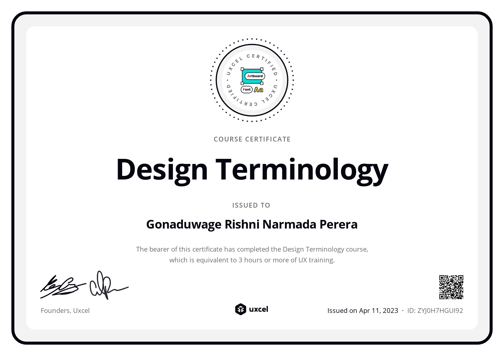 Gonaduwage Rishni Narmada Perera's certificate